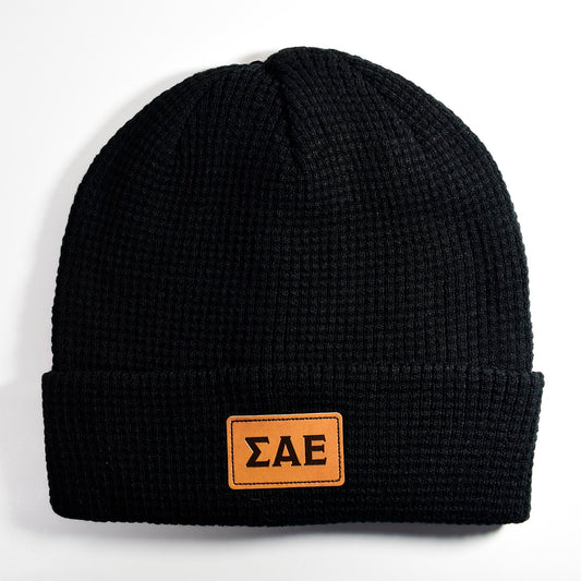 Sigma Alpha Epsilon Fraternity Beanie Hat - Black Winter Hat w/ Greek Letters Patch