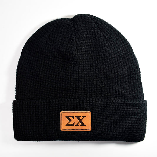 Sigma Chi Fraternity Beanie Hat - Black Winter Hat w/ Greek Letters Patch