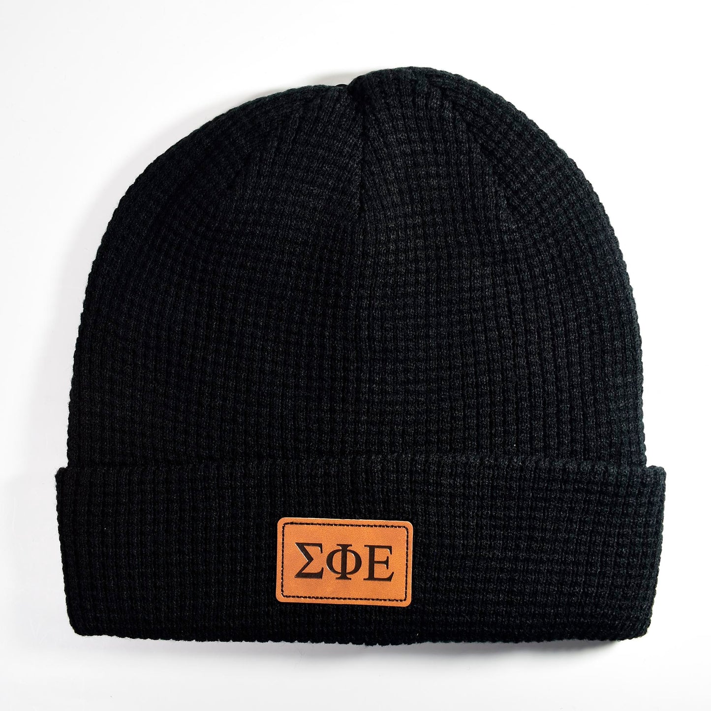 Sigma Phi Epsilon Fraternity Beanie Hat - Black Winter Hat w/ Greek Letters Patch