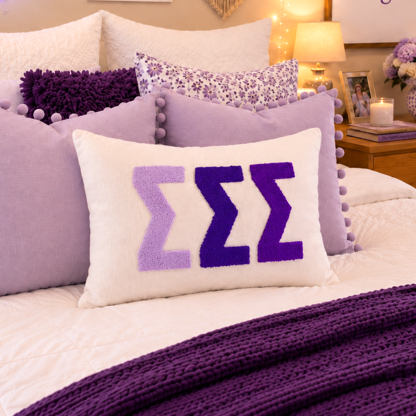 Sigma Sigma Sigma Pillow – Embroidered Plush Greek Letters Design