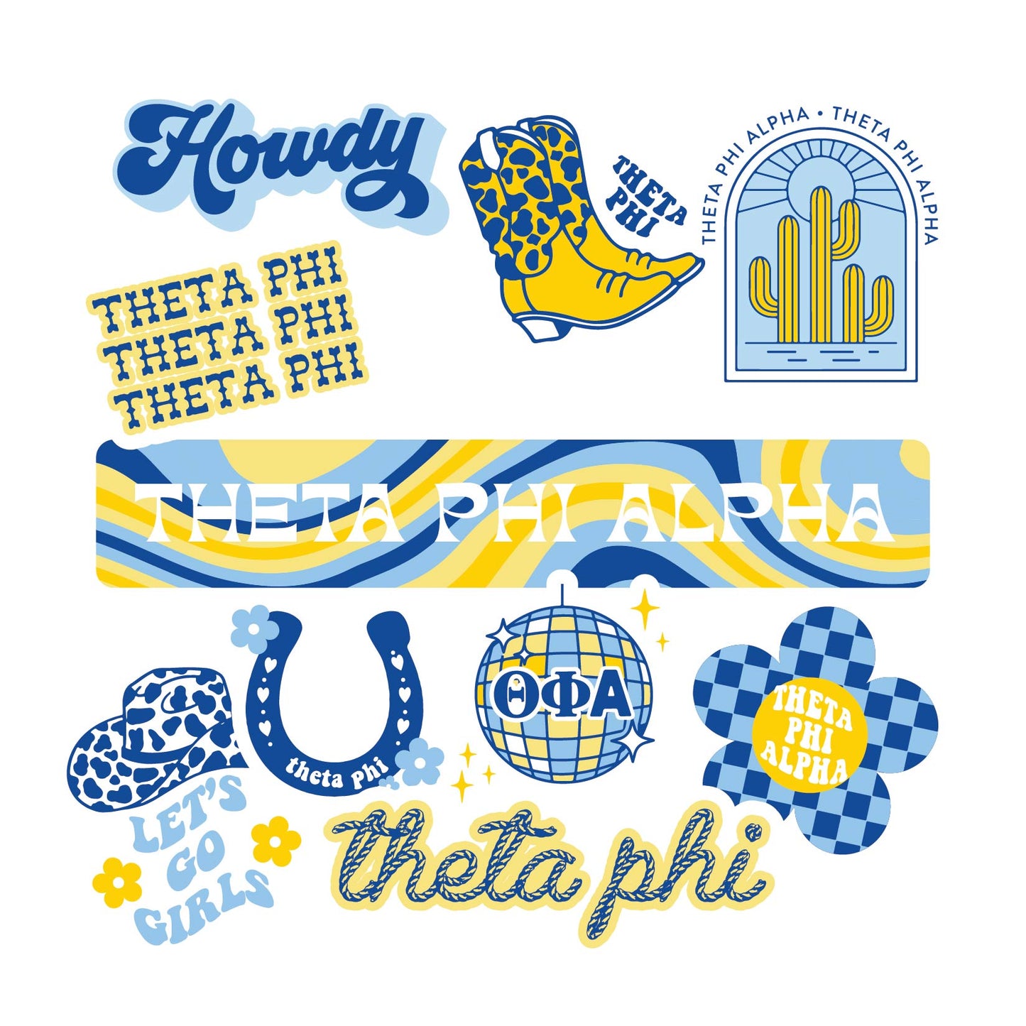 Theta Phi Alpha Sticker Sheet - Western Disco Design