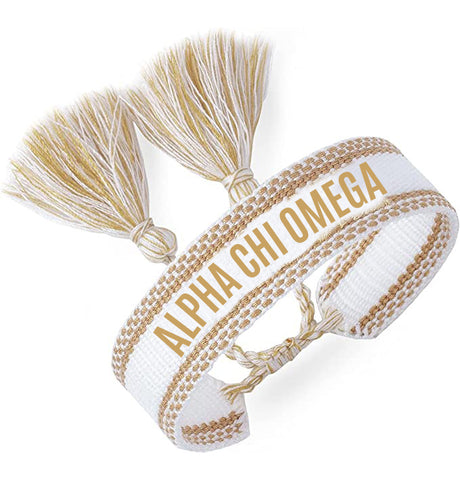Alpha Chi Omega Woven Bracelet, White and Gold Design