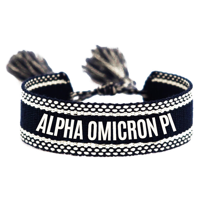 Alpha Omicron Pi Woven Bracelet, Black and White Design