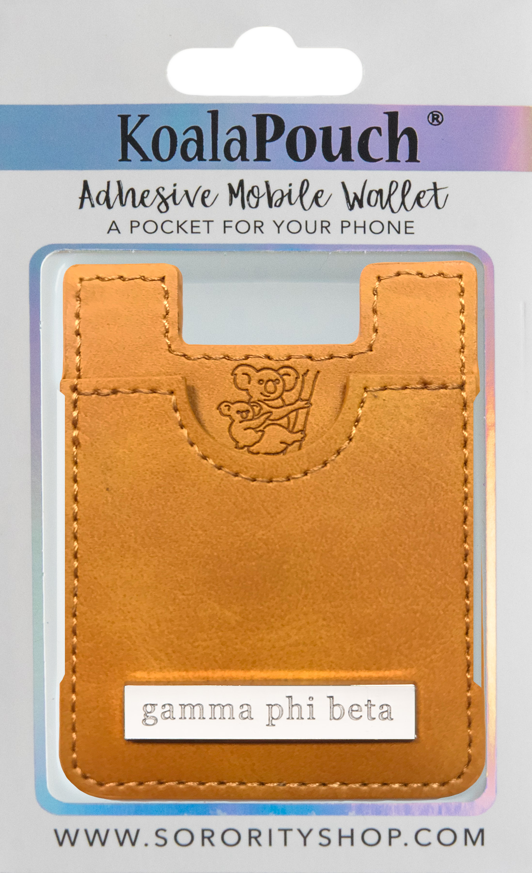 Gamma Phi Beta Faux Leather adhesive mobile wallet, koala pouch