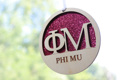 Phi Mu - Laser Carved Greek Letter Ornament - 3" Round